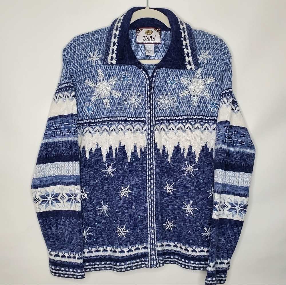 Tiara Zip Up Snowflake Print Sweater Size L Sequin Beaded Embroidered Cardigan